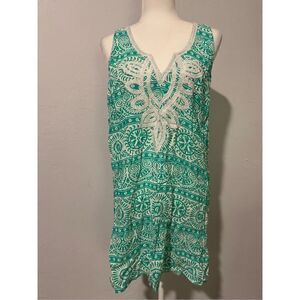 Mud pie green white embroidered front tank dress swimwear coverup tunic top L